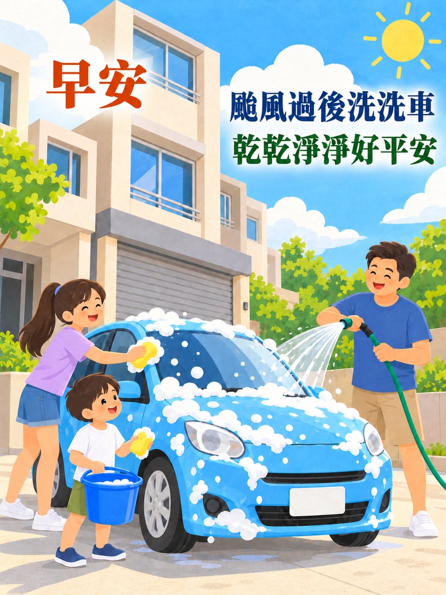 放晴了姊弟幫爸爸洗車。圖中文字：早安，颱風過後洗洗車，乾乾淨淨好平安