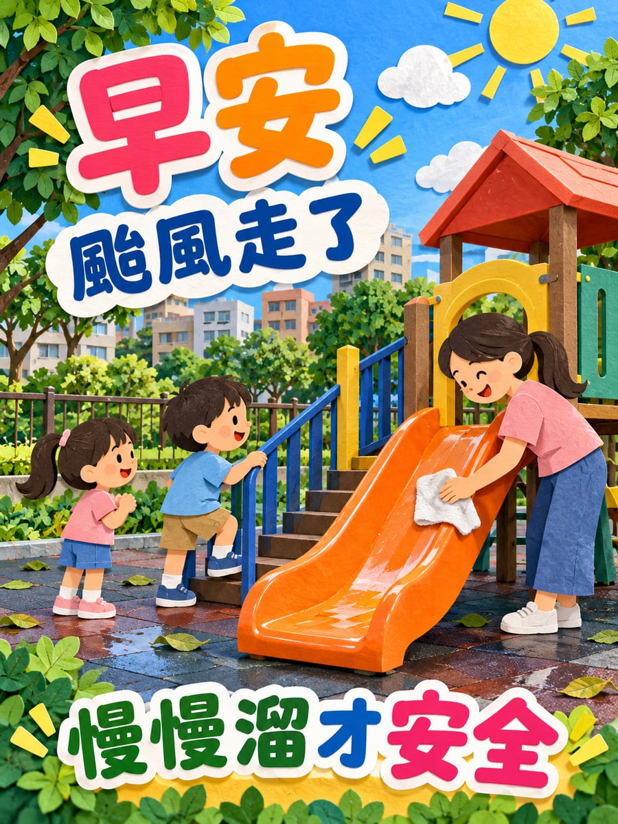 颱風過後溜滑梯。圖中文字：早安，颱風走了，慢慢溜才安全