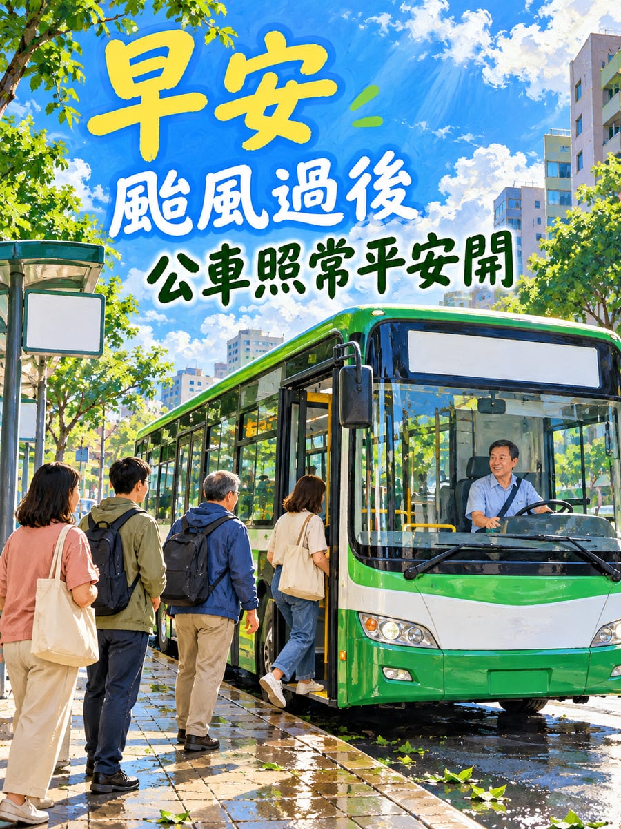 颱風過後公車開了。圖中文字：早安，颱風過後，公車照常平安開