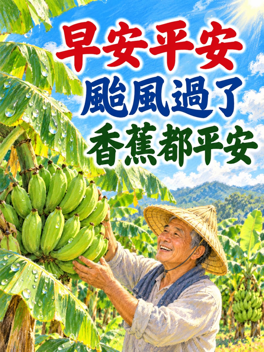 颱風過後看香蕉園。圖中文字：早安平安，颱風過了，香蕉都平安
