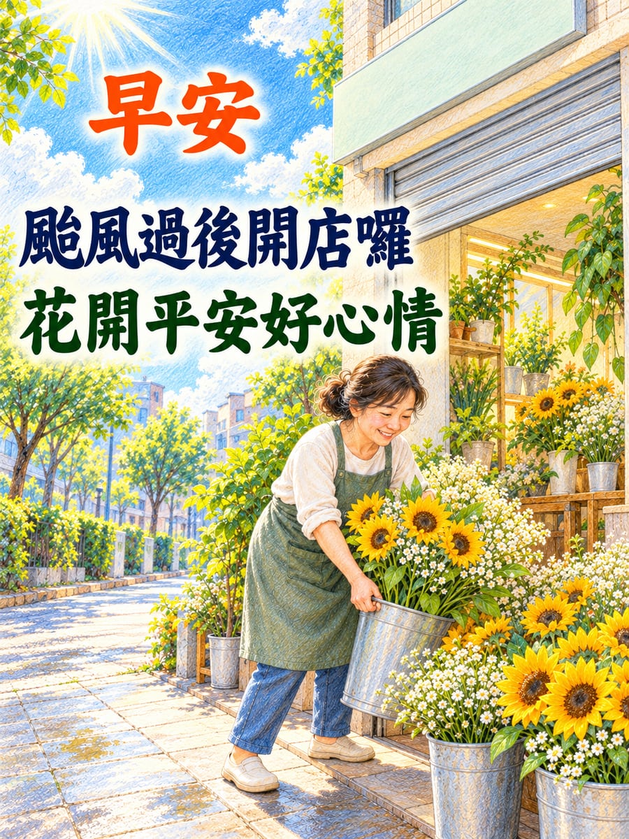 雨停了花店開門囉。圖中文字：早安，颱風過後開店囉，花開平安好心情