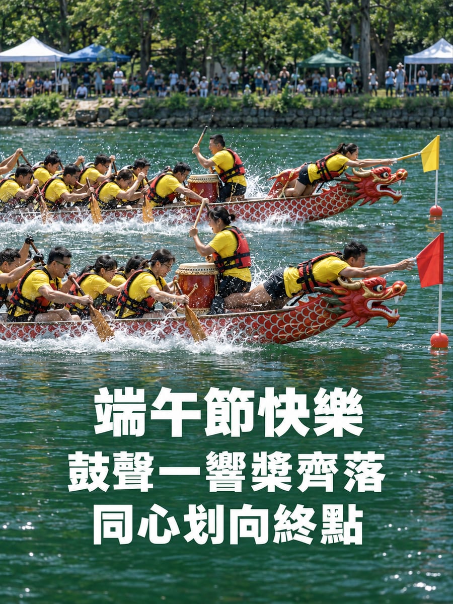 龍舟競渡。圖中文字：端午節快樂，鼓聲一響槳齊落，同心划向終點