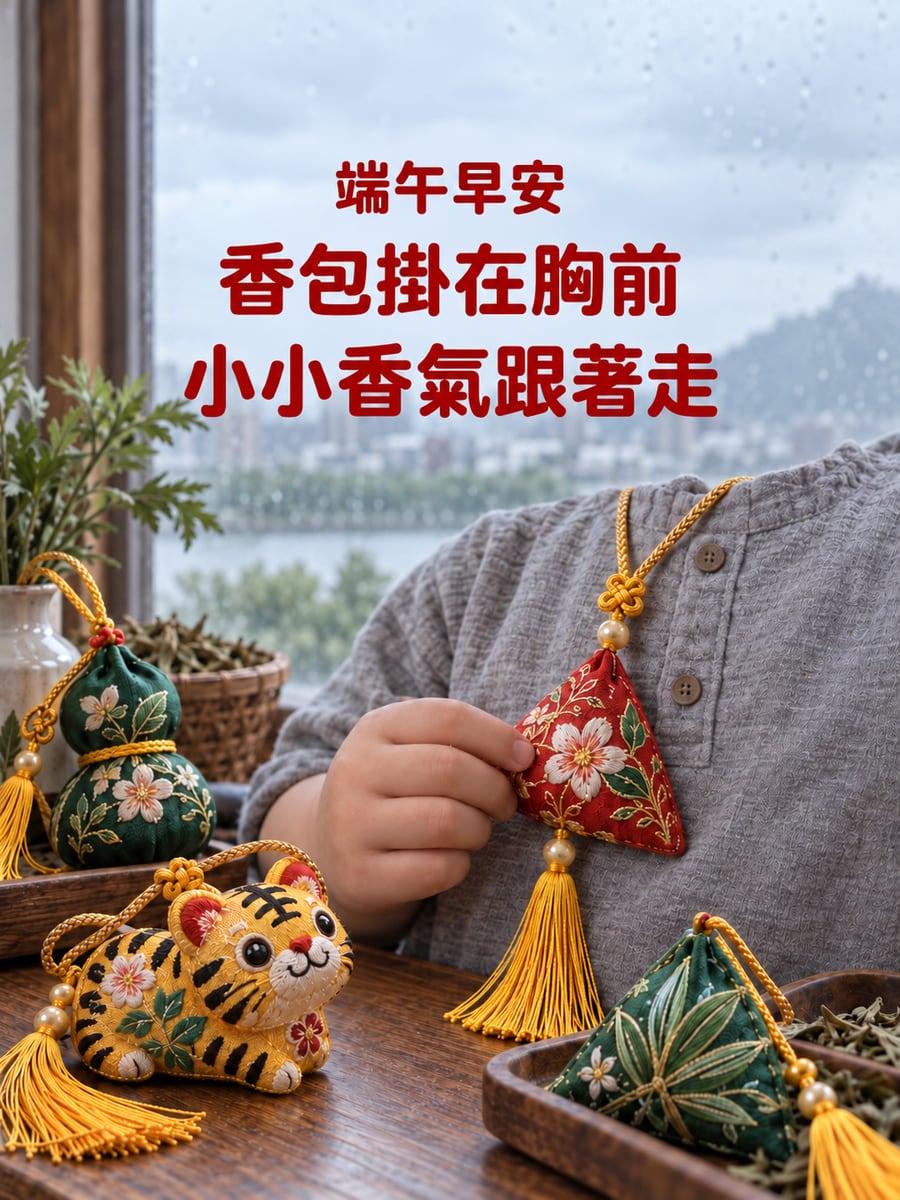 刺繡香包。圖中文字：端午早安，香包掛在胸前，小小香氣跟著走