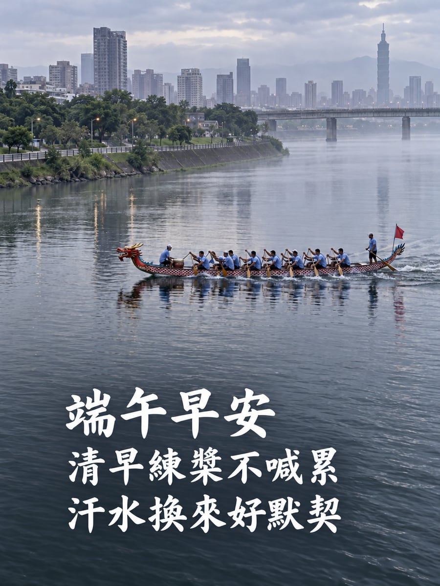 清早練龍舟。圖中文字：端午早安，清早練槳不喊累，汗水換來好默契