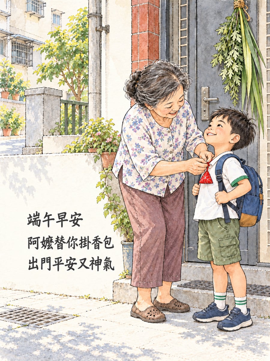 阿嬤掛香包。圖中文字：端午早安，阿嬤替你掛香包，出門平安又神氣