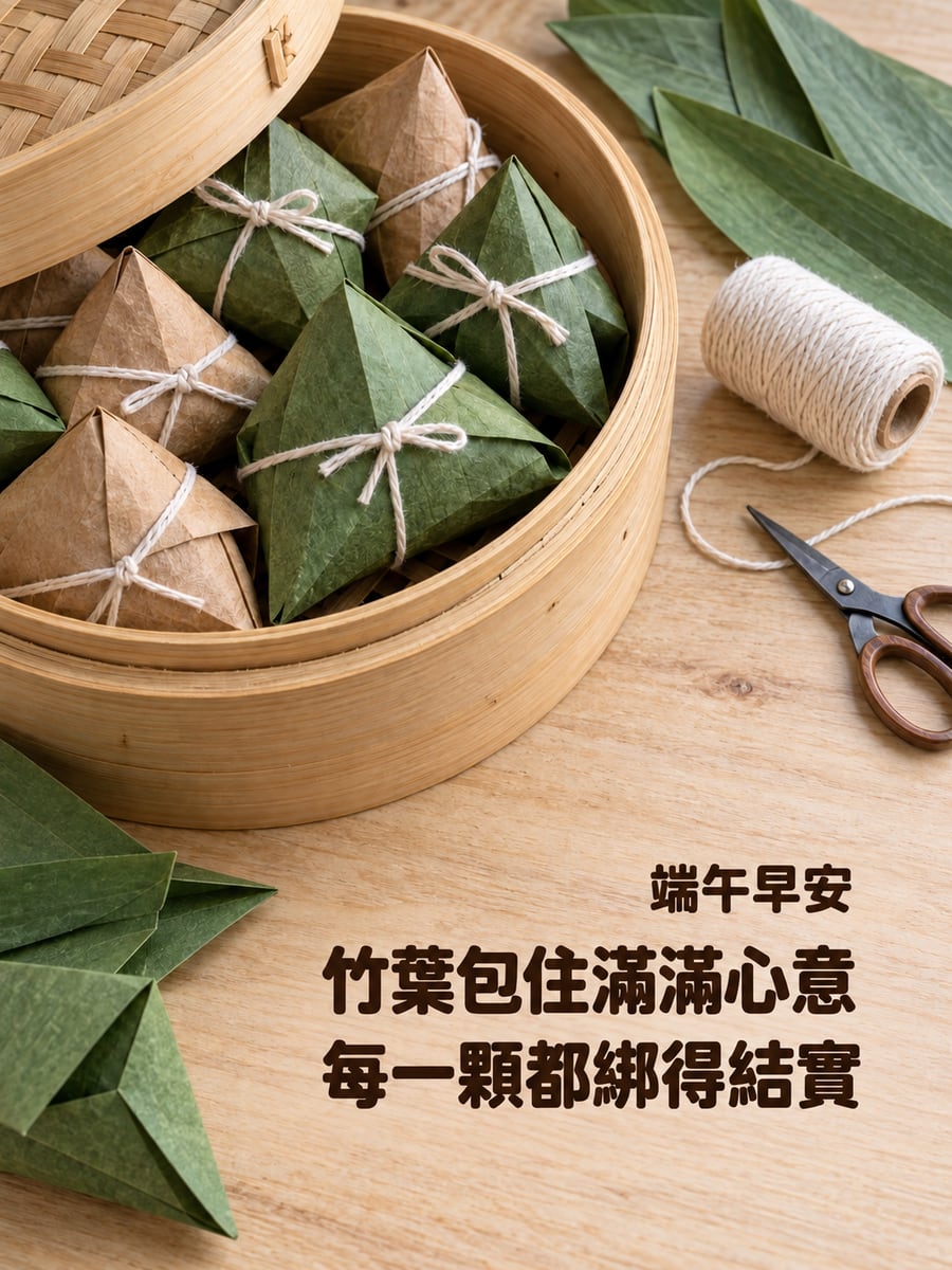 紙摺粽子蒸籠。圖中文字：端午早安，竹葉包住滿滿心意，每一顆都綁得結實