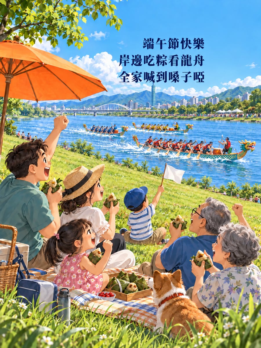 岸邊看龍舟。圖中文字：端午節快樂，岸邊吃粽看龍舟，全家喊到嗓子啞