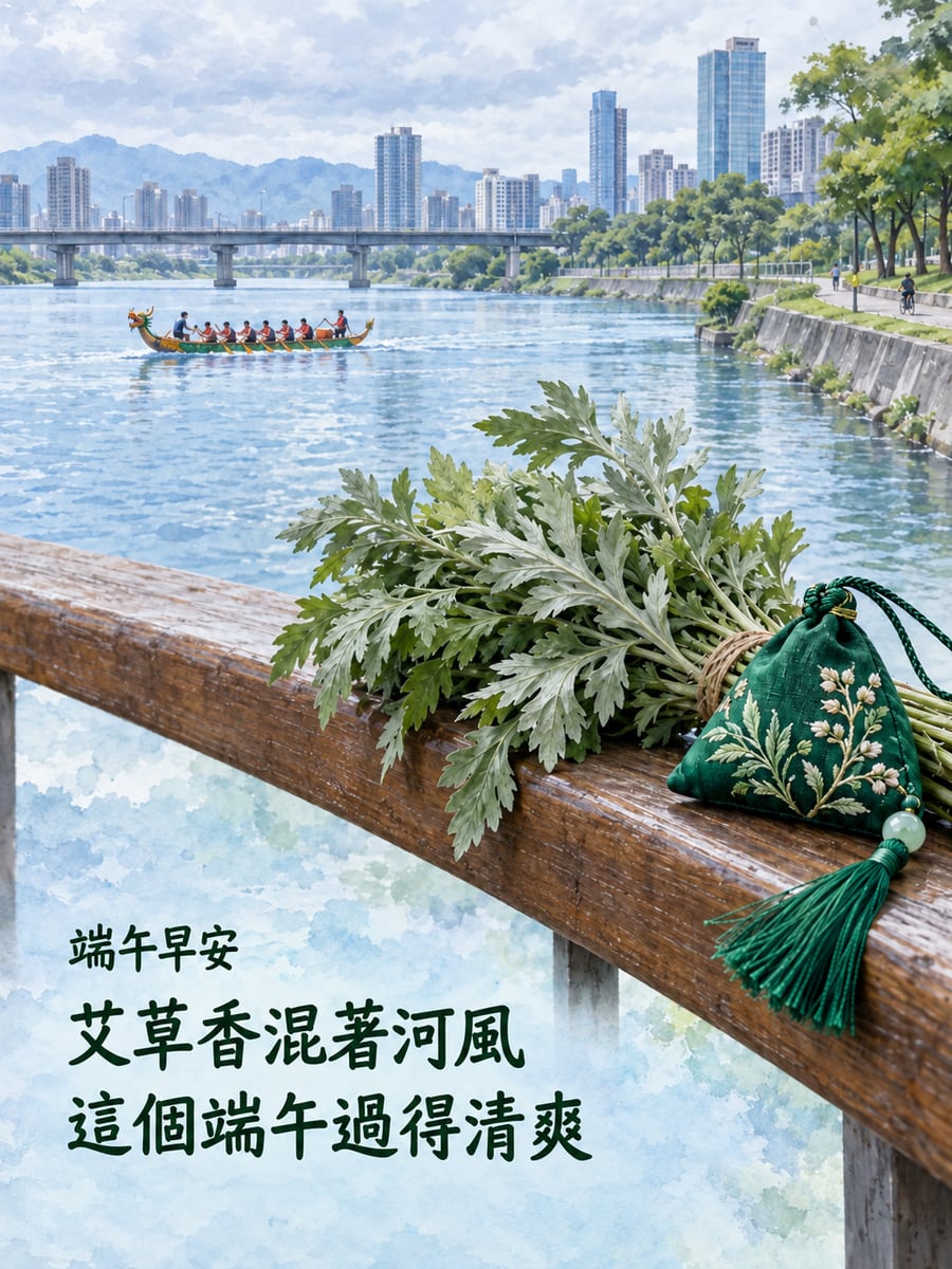 艾草河風。圖中文字：端午早安，艾草香混著河風，這個端午過得清爽