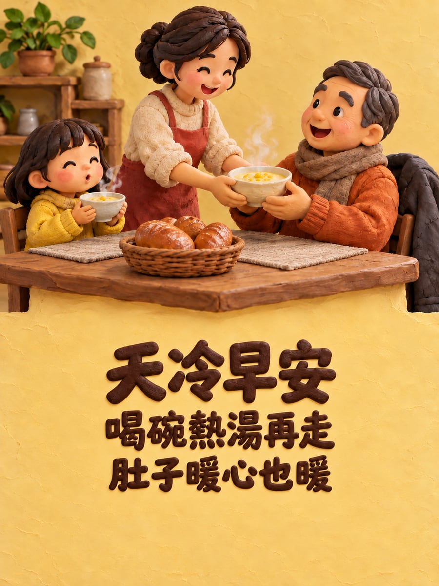 出門前先喝熱湯。圖中文字：天冷早安，喝碗熱湯再走，肚子暖心也暖