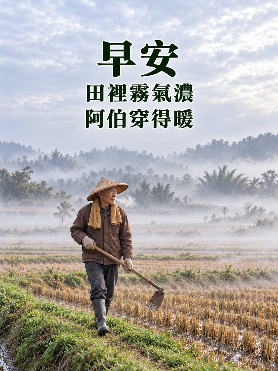 田裡的濕冷霧氣。圖中文字：早安，田裡霧氣濃，阿伯穿得暖