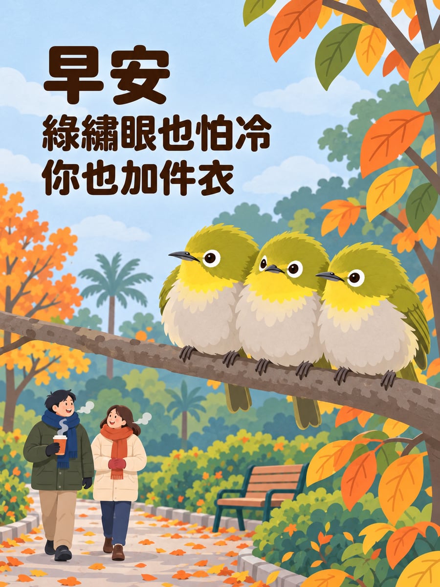 膨起來的綠繡眼。圖中文字：早安，綠繡眼也怕冷，你也加件衣