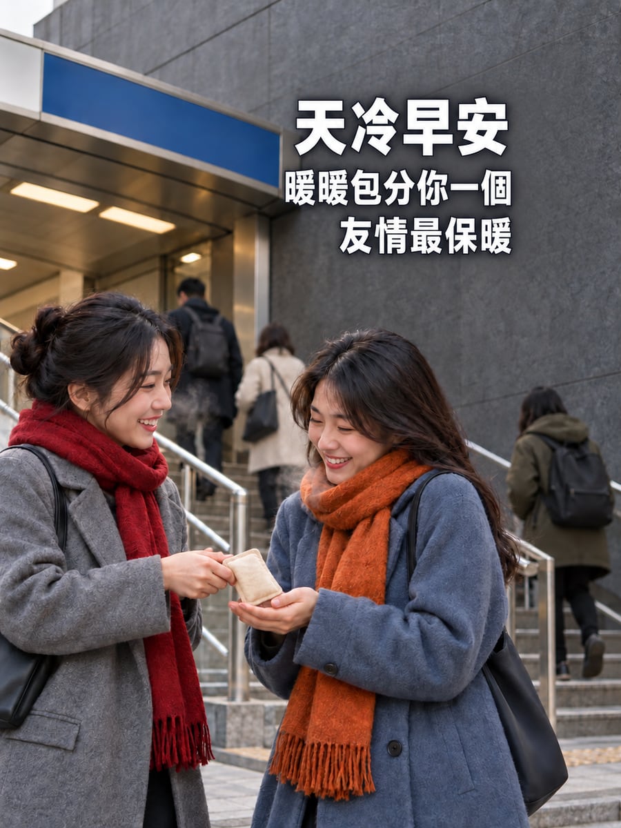 分你一個暖暖包。圖中文字：天冷早安，暖暖包分你一個，友情最保暖