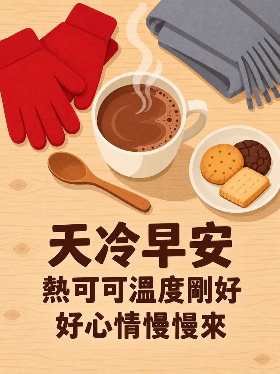 手套旁的熱可可。圖中文字：天冷早安，熱可可溫度剛好，好心情慢慢來