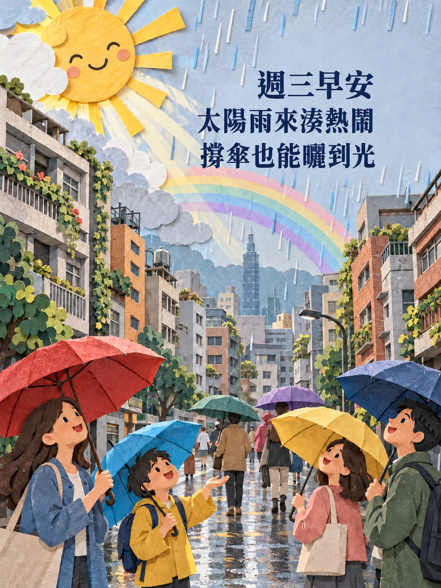 太陽雨。圖中文字：週三早安，太陽雨來湊熱鬧，撐傘也能曬到光