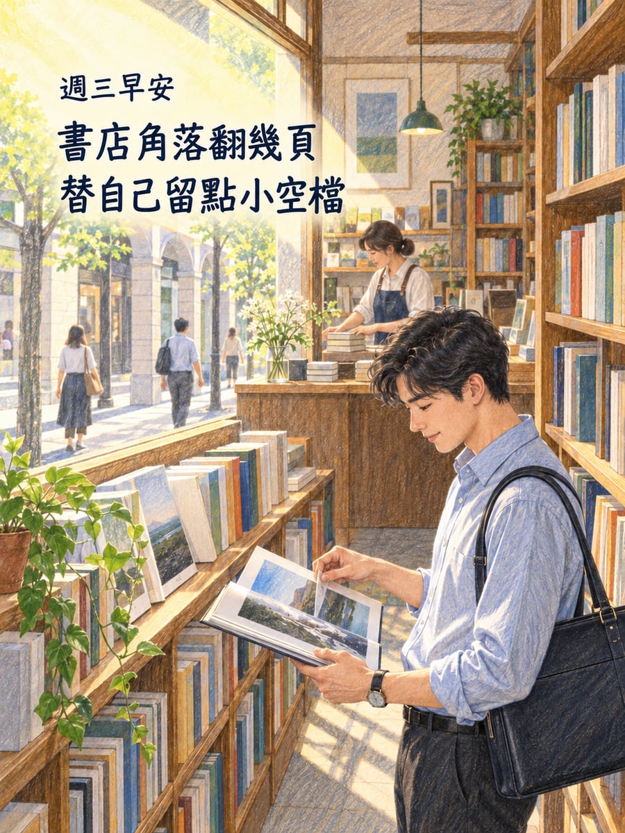 書店角落。圖中文字：週三早安，書店角落翻幾頁，替自己留點小空檔