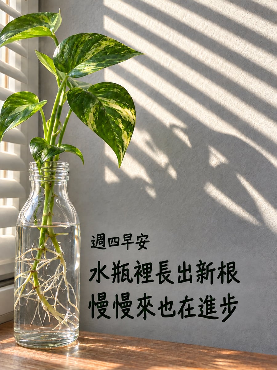 水瓶長新根。圖中文字：週四早安，水瓶裡長出新根，慢慢來也在進步