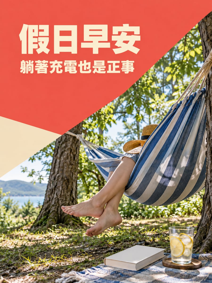吊床充電。圖中文字：假日早安，躺著充電也是正事