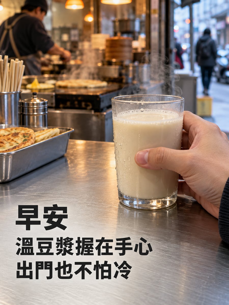 溫豆漿。圖中文字：早安，溫豆漿握在手心，出門也不怕冷