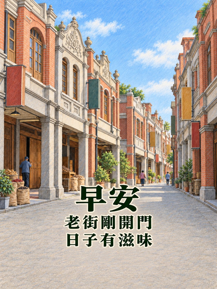 迪化街老街清晨。圖中文字：早安，老街剛開門，日子有滋味