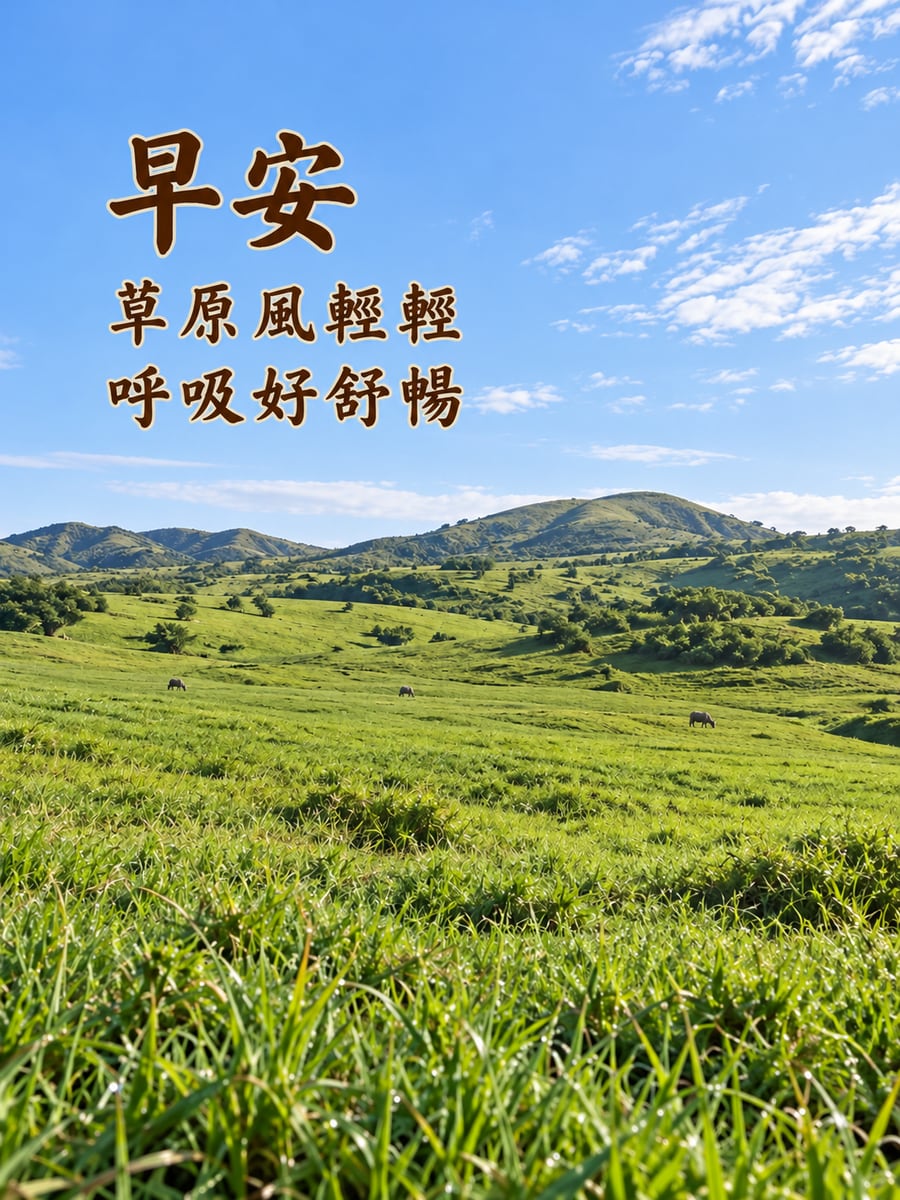 擎天崗草原晨風。圖中文字：早安，草原風輕輕，呼吸好舒暢
