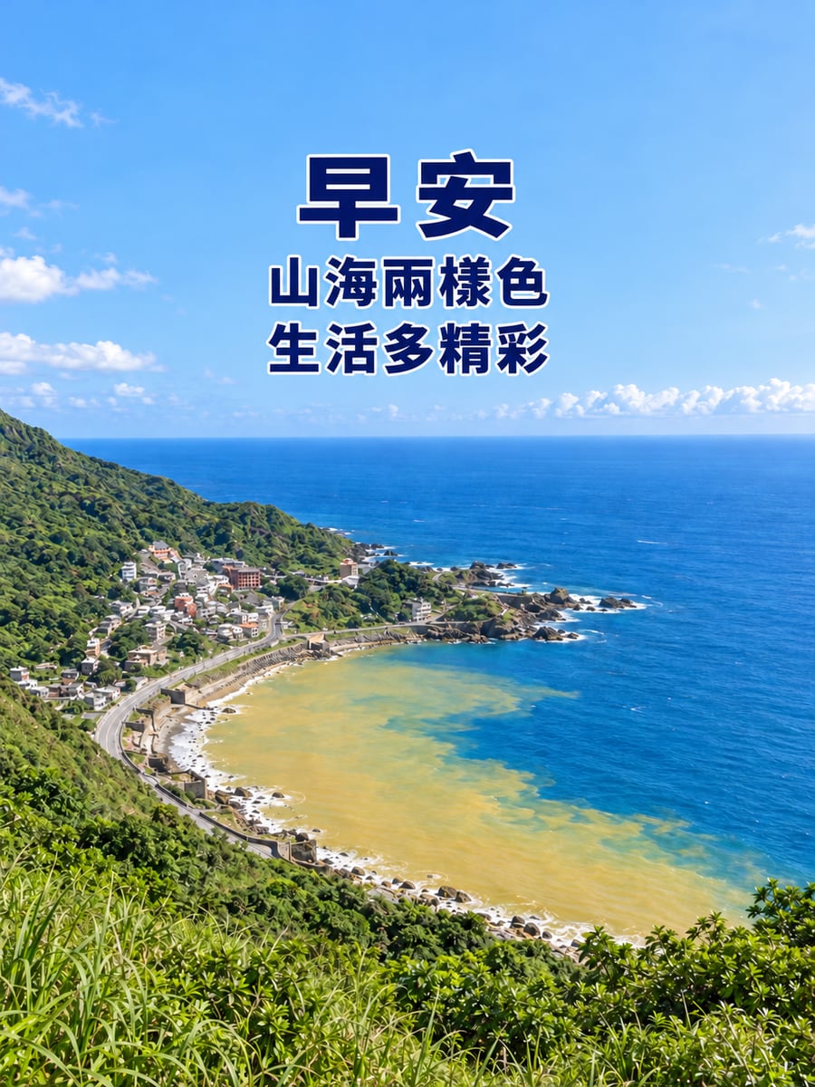 陰陽海晨光。圖中文字：早安，山海兩樣色，生活多精彩
