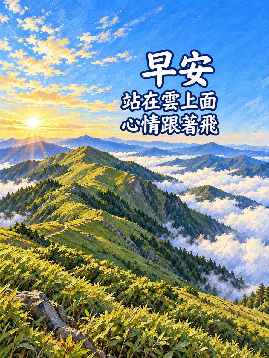 合歡山雲海晨光。圖中文字：早安，站在雲上面，心情跟著飛