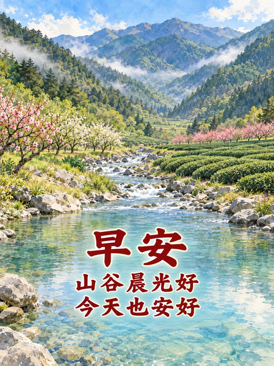 武陵農場河谷晨光。圖中文字：早安，山谷晨光好，今天也安好