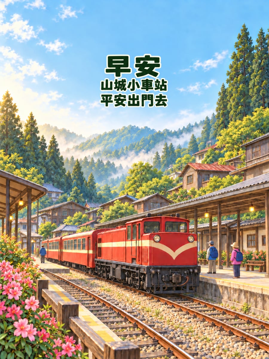 奮起湖車站清晨。圖中文字：早安，山城小車站，平安出門去
