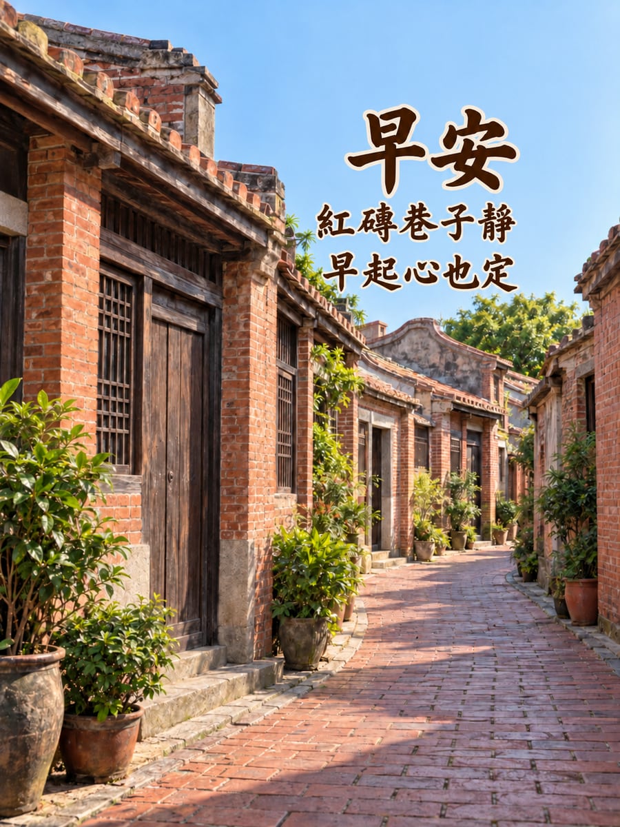 鹿港紅磚巷清晨。圖中文字：早安，紅磚巷子靜，早起心也定