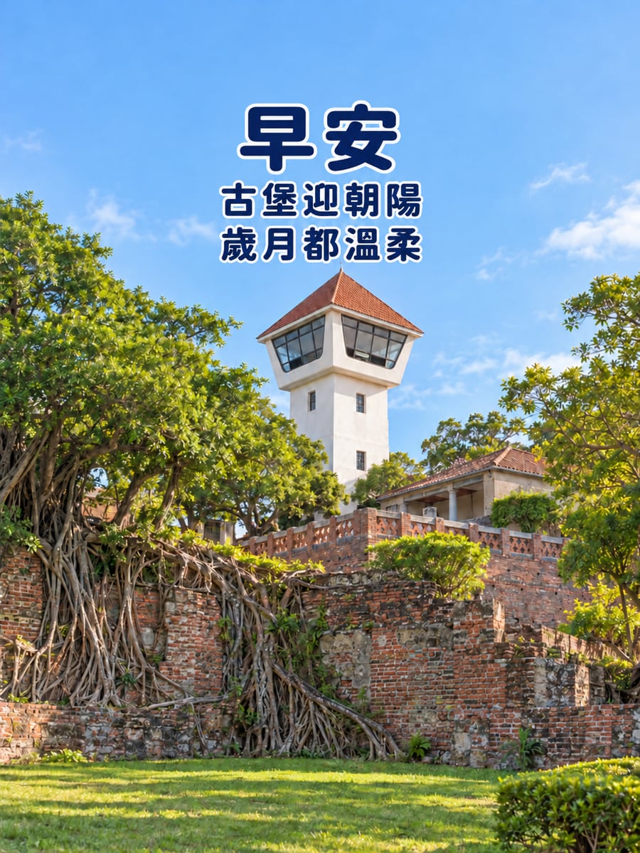 安平古堡迎朝陽。圖中文字：早安，古堡迎朝陽，歲月都溫柔