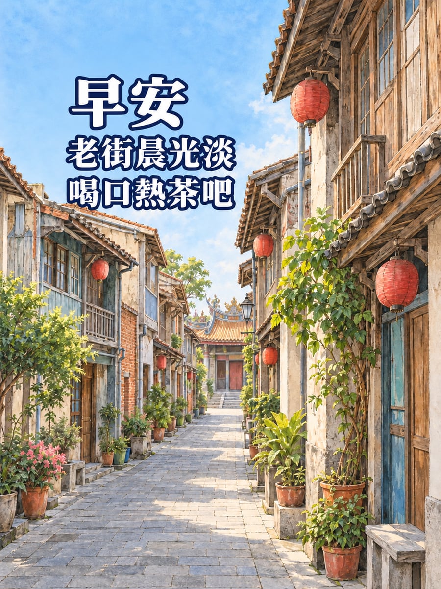 神農街晨光。圖中文字：早安，老街晨光淡，喝口熱茶吧