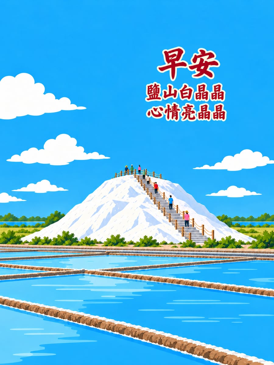 七股鹽山晨光。圖中文字：早安，鹽山白晶晶，心情亮晶晶