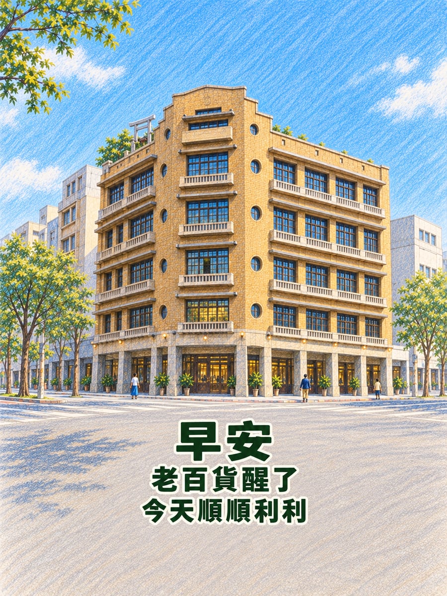 林百貨晨光。圖中文字：早安，老百貨醒了，今天順順利利