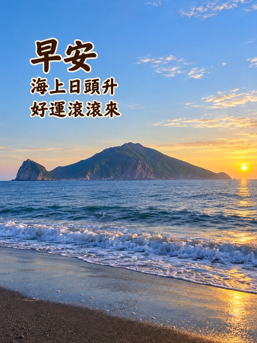 龜山島海上日出。圖中文字：早安，海上日頭升，好運滾滾來