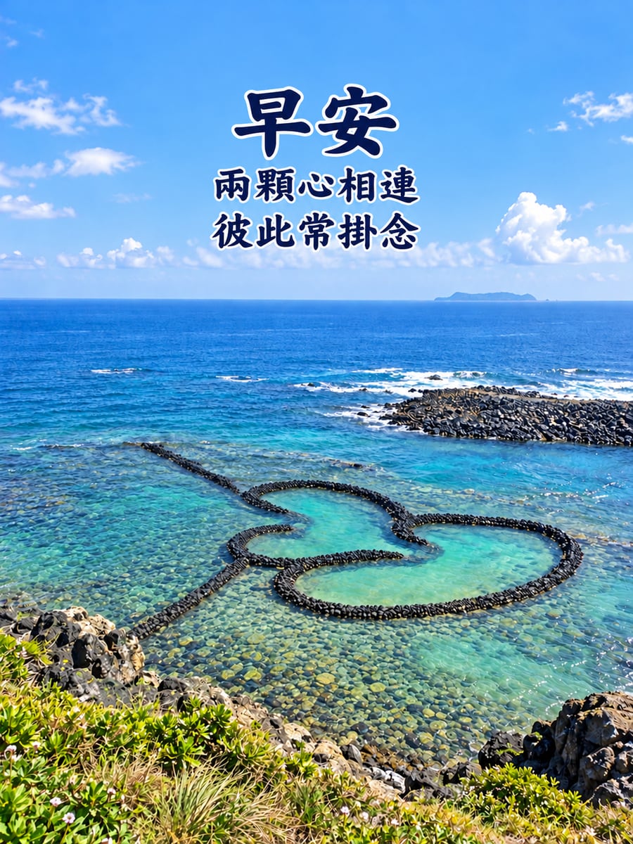 雙心石滬晨光。圖中文字：早安，兩顆心相連，彼此常掛念