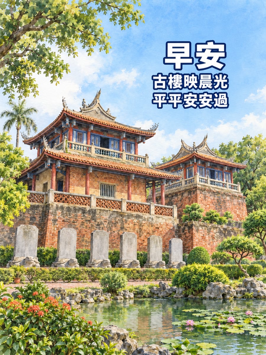 赤崁樓晨光。圖中文字：早安，古樓映晨光，平平安安過
