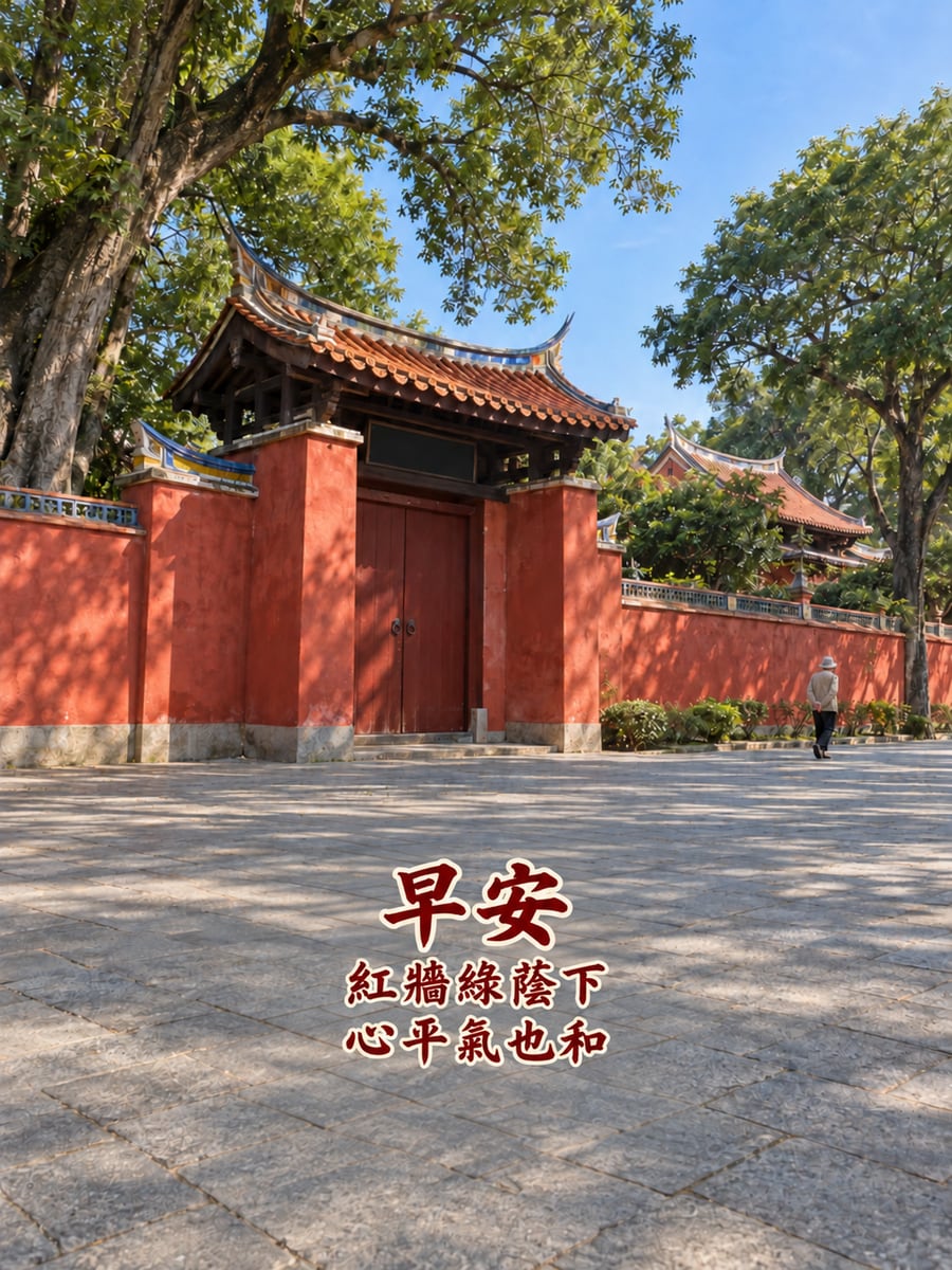 孔廟紅牆晨光。圖中文字：早安，紅牆綠蔭下，心平氣也和