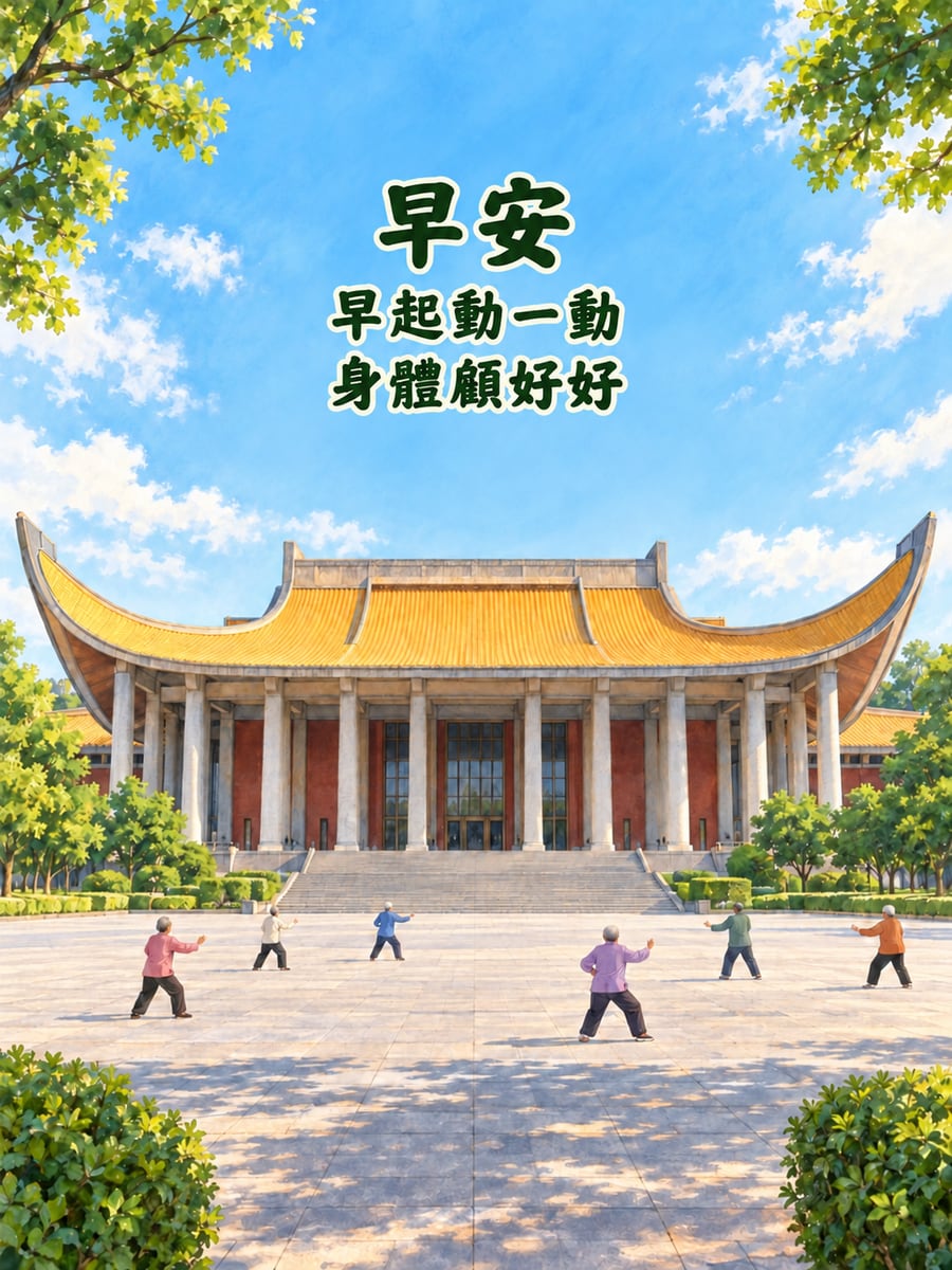 國父紀念館晨運。圖中文字：早安，早起動一動，身體顧好好