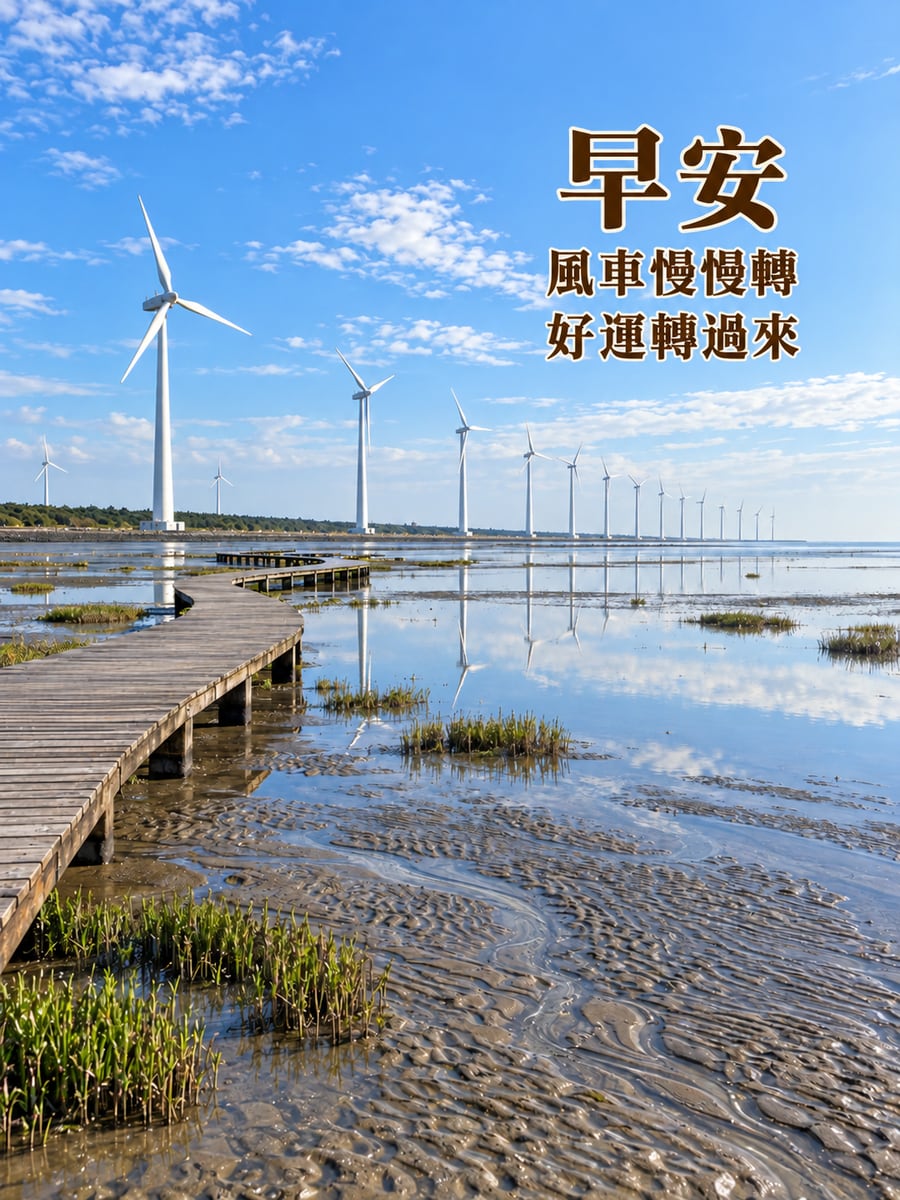 高美濕地風車晨光。圖中文字：早安，風車慢慢轉，好運轉過來