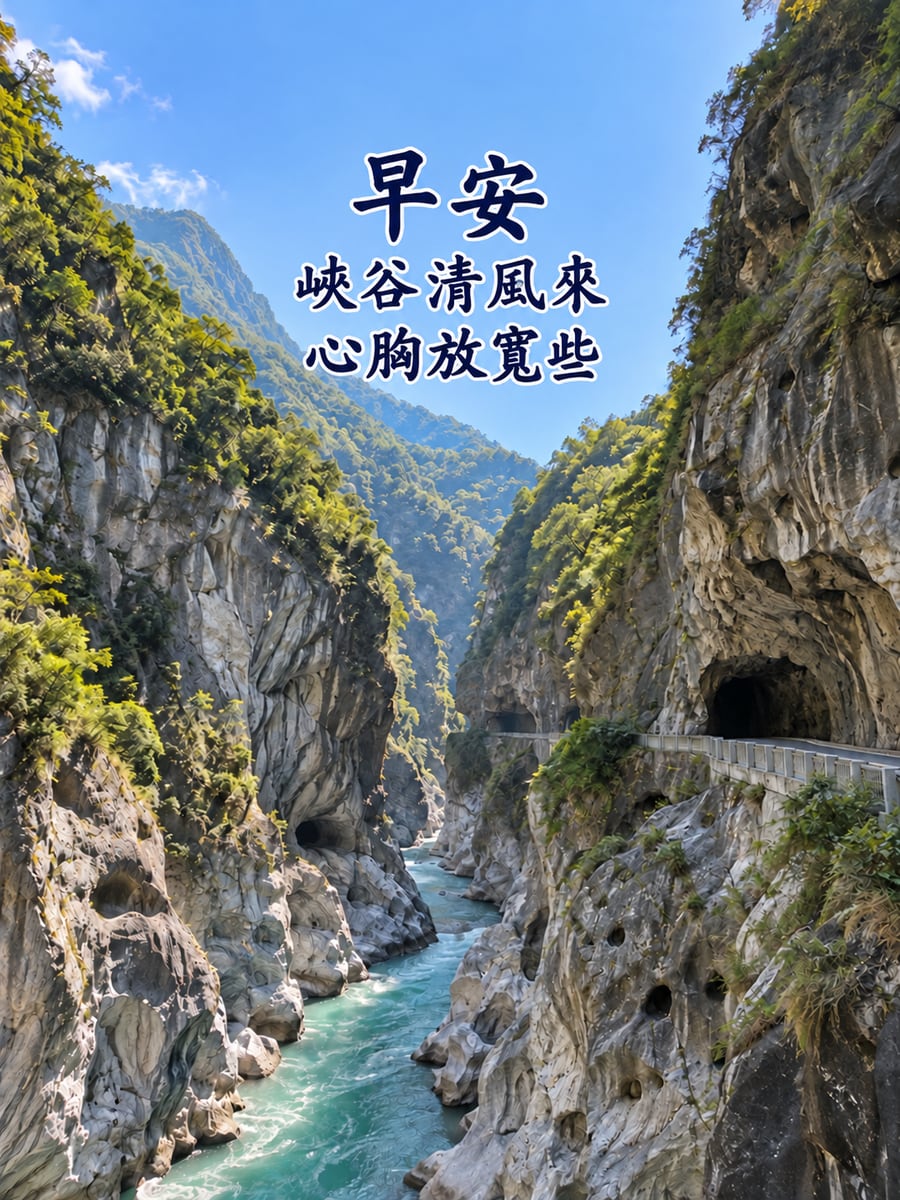 燕子口峽谷清晨。圖中文字：早安，峽谷清風來，心胸放寬些