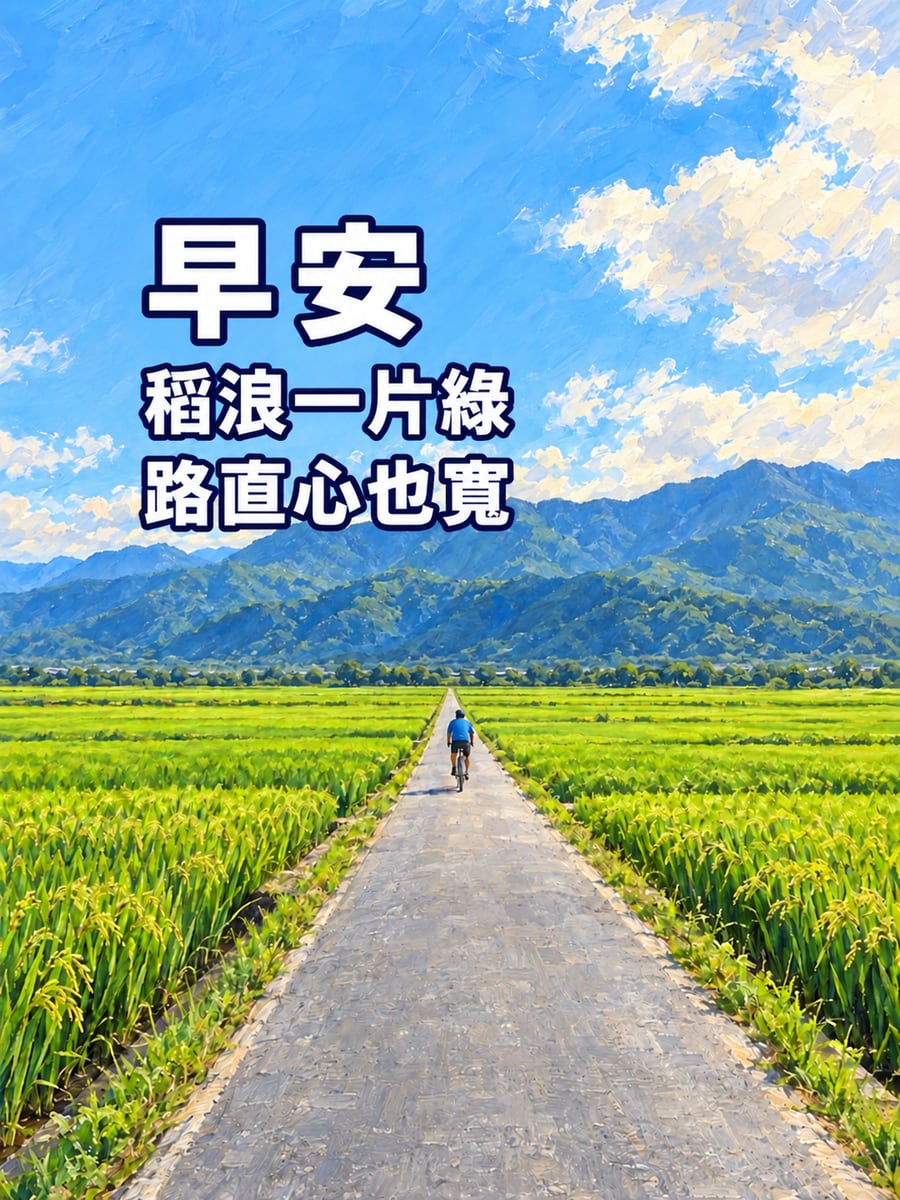 伯朗大道稻浪。圖中文字：早安，稻浪一片綠，路直心也寬