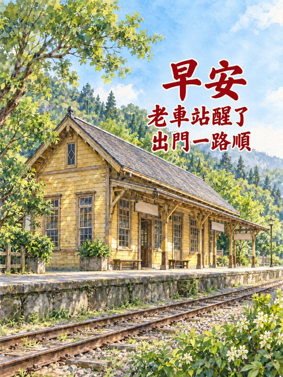 勝興車站清晨。圖中文字：早安，老車站醒了，出門一路順