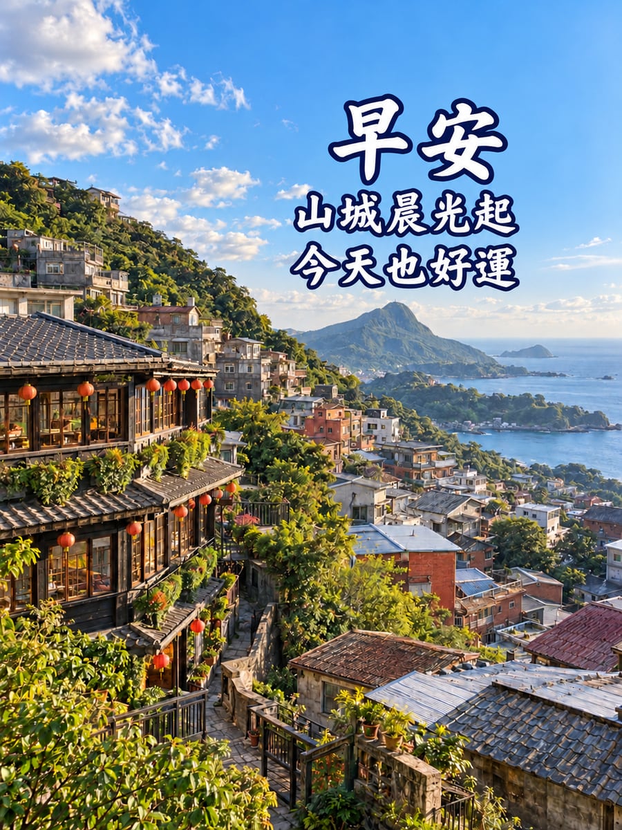 九份山城晨景。圖中文字：早安，山城晨光起，今天也好運