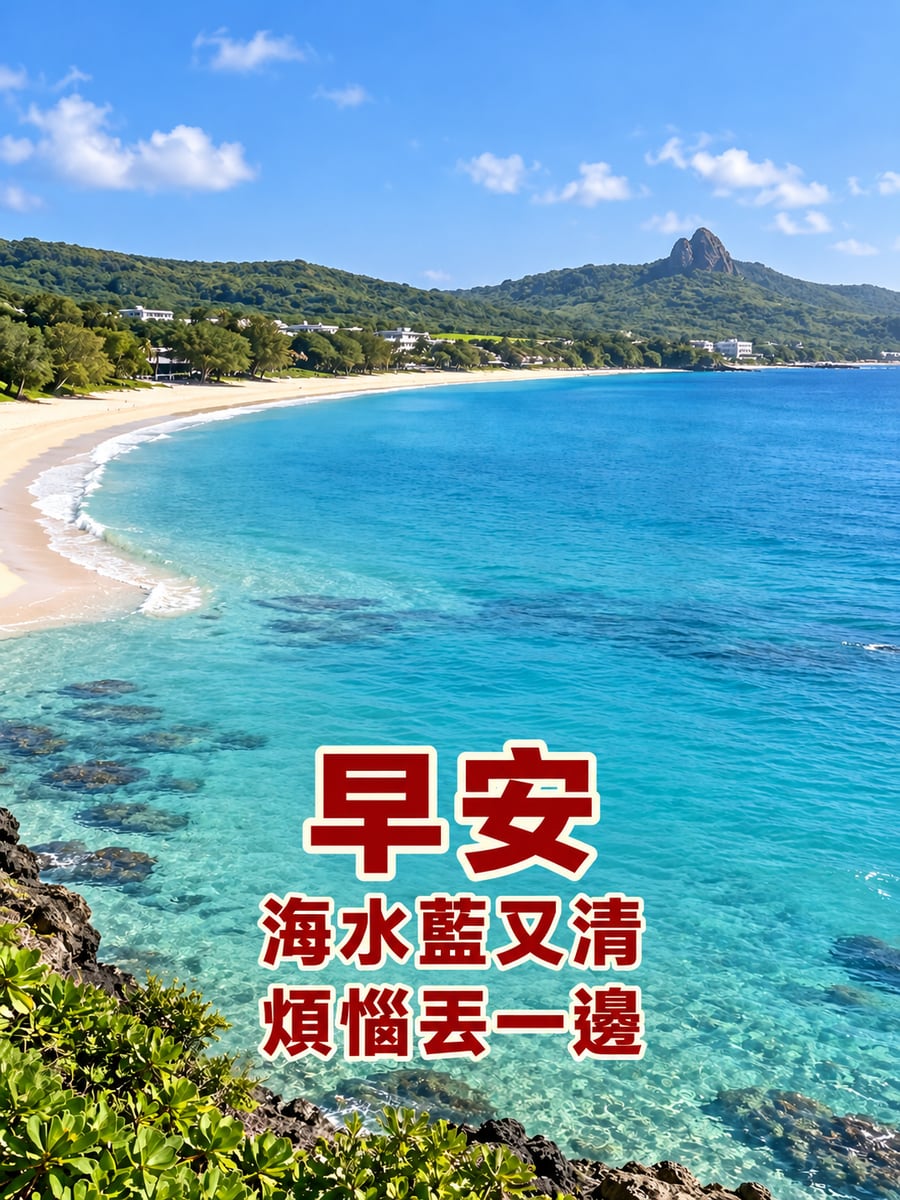 墾丁南灣晨光。圖中文字：早安，海水藍又清，煩惱丟一邊