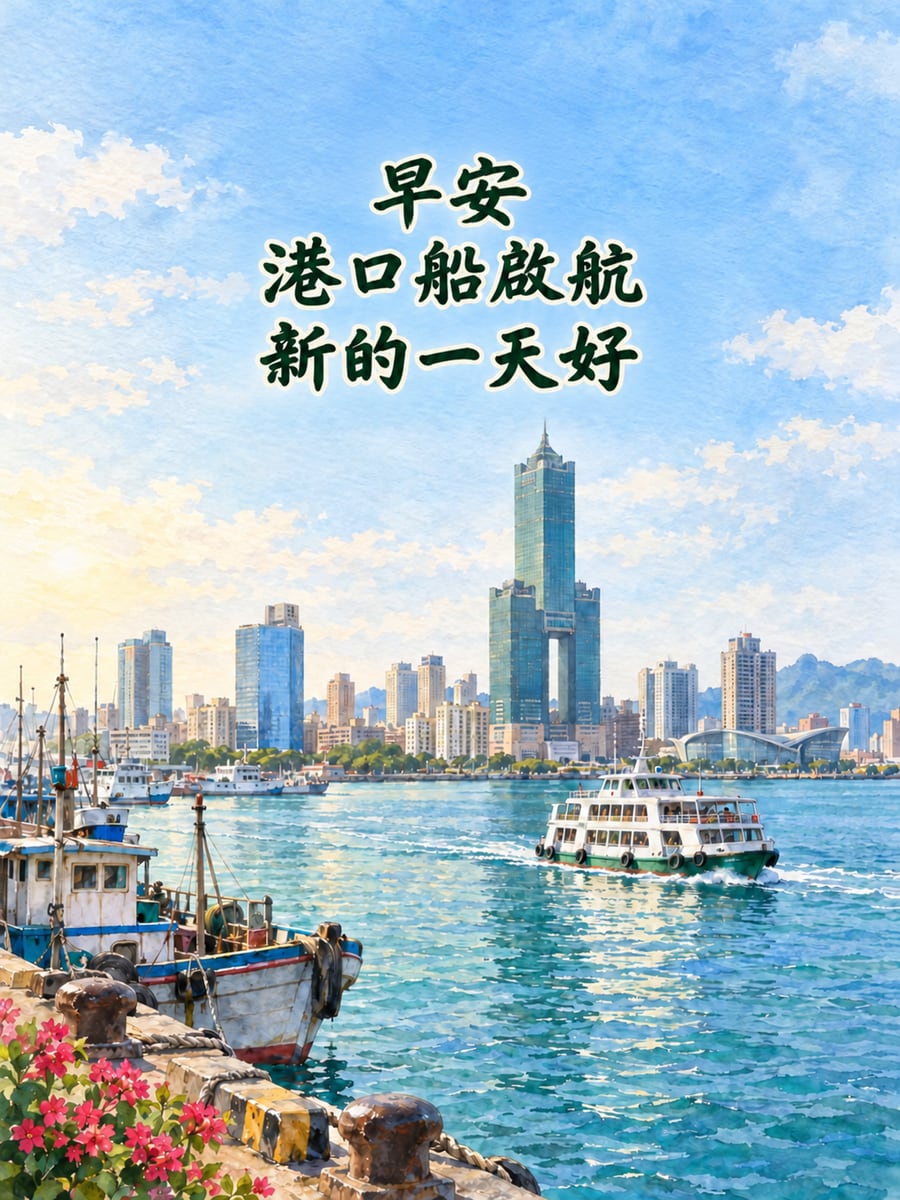 高雄港晨光。圖中文字：早安，港口船啟航，新的一天好