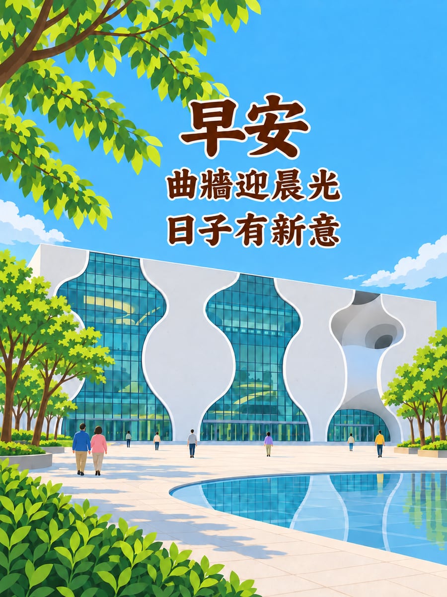 歌劇院晨光。圖中文字：早安，曲牆迎晨光，日子有新意