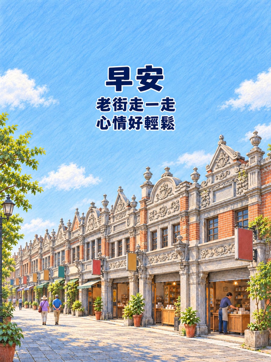 大溪老街晨光。圖中文字：早安，老街走一走，心情好輕鬆