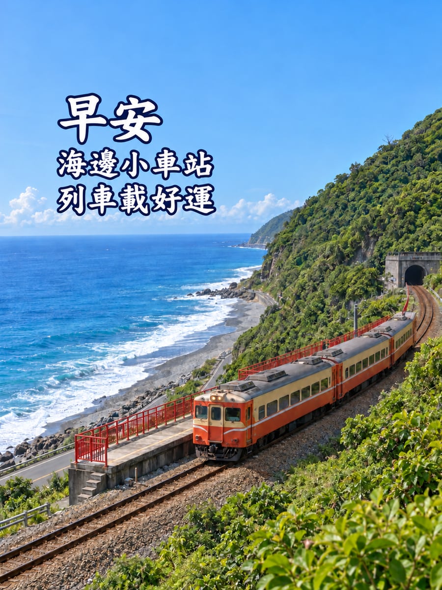 多良車站晨光。圖中文字：早安，海邊小車站，列車載好運