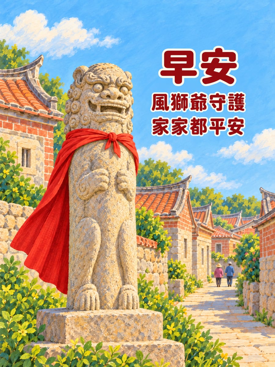 金門風獅爺晨光。圖中文字：早安，風獅爺守護，家家都平安