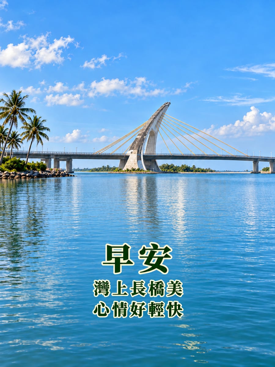 大鵬灣晨光。圖中文字：早安，灣上長橋美，心情好輕快